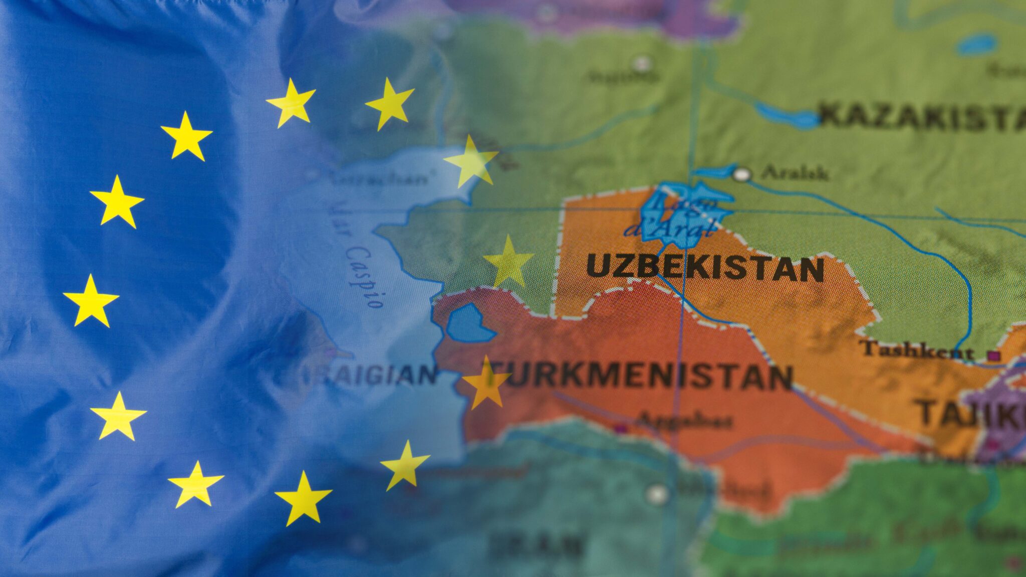 European Union flag overlaid on a map of Central Asia highlighting Uzbekistan, Turkmenistan, and surrounding regions