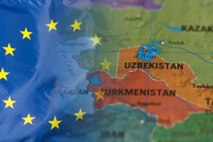 European Union flag overlaid on a map of Central Asia highlighting Uzbekistan, Turkmenistan, and surrounding regions